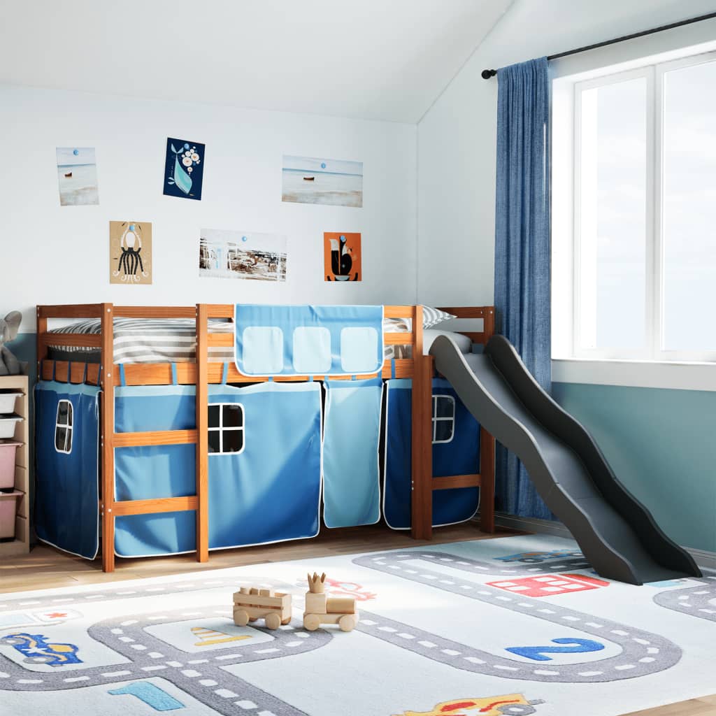 vidaXL Kinderhochbett mit Vorhängen Blau 80x200 cm Massivholz Kiefer