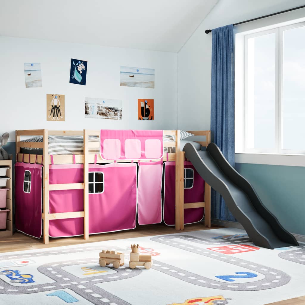 vidaXL Kinderhochbett mit Vorhängen Rosa 90x190 cm Massivholz Kiefer