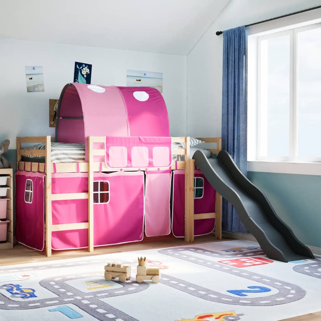 Kinderhochbett mit Tunnel Rosa 80×200 cm Massivholz Kiefer