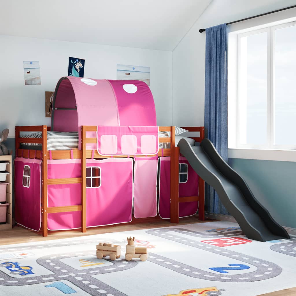 Kinderhochbett mit Tunnel Rosa 90×200 cm Massivholz Kiefer