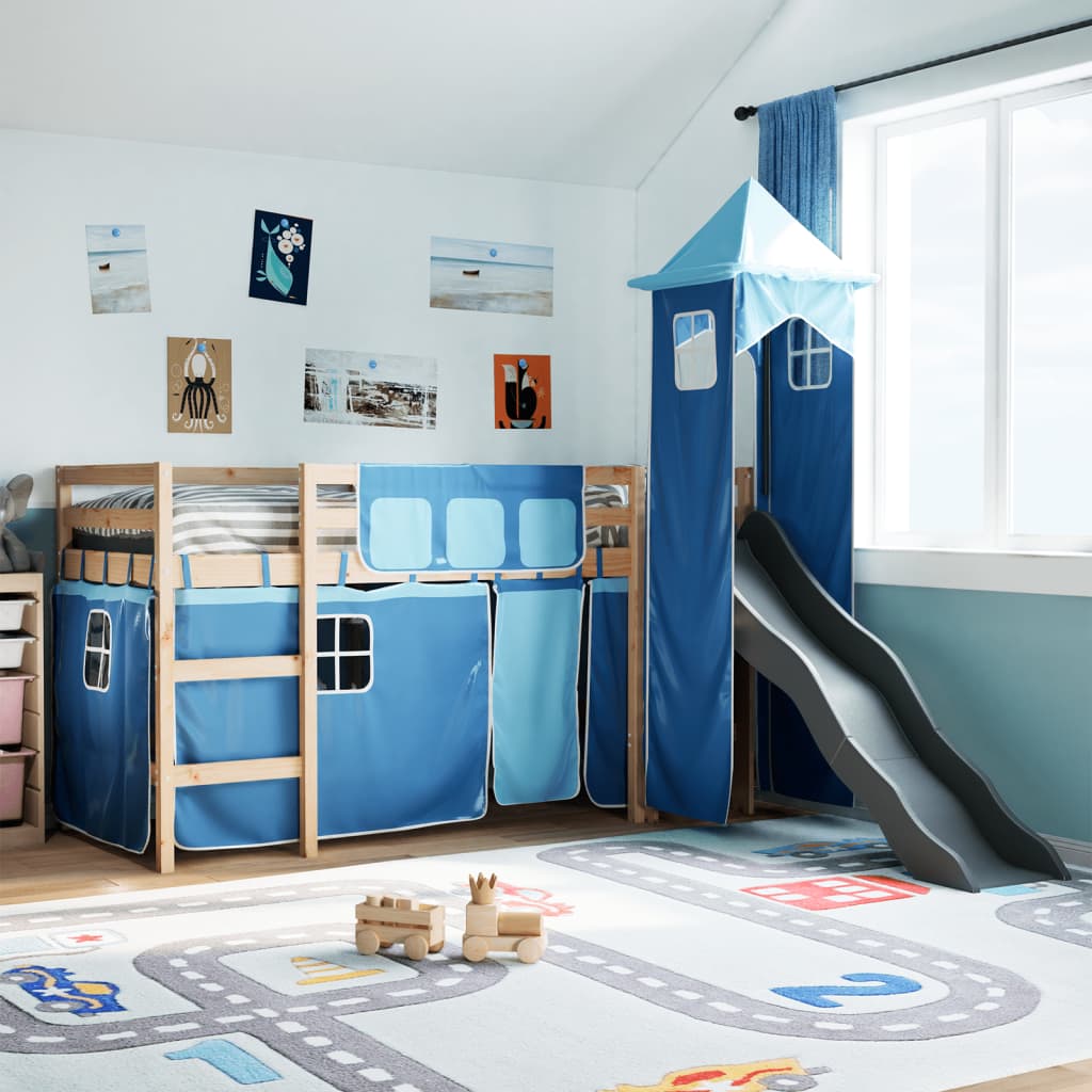 Kinderhochbett mit Turm Blau 80×200 cm Massivholz Kiefer