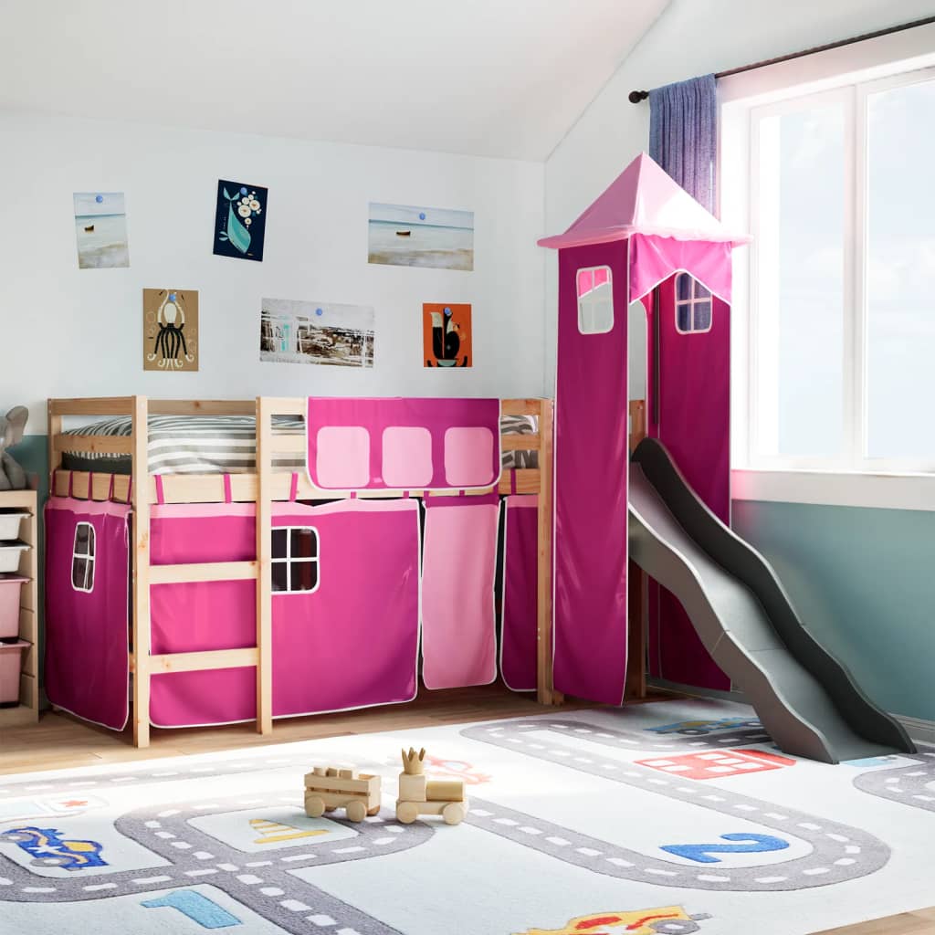 Kinderhochbett mit Turm Rosa 80×200 cm Massivholz Kiefer