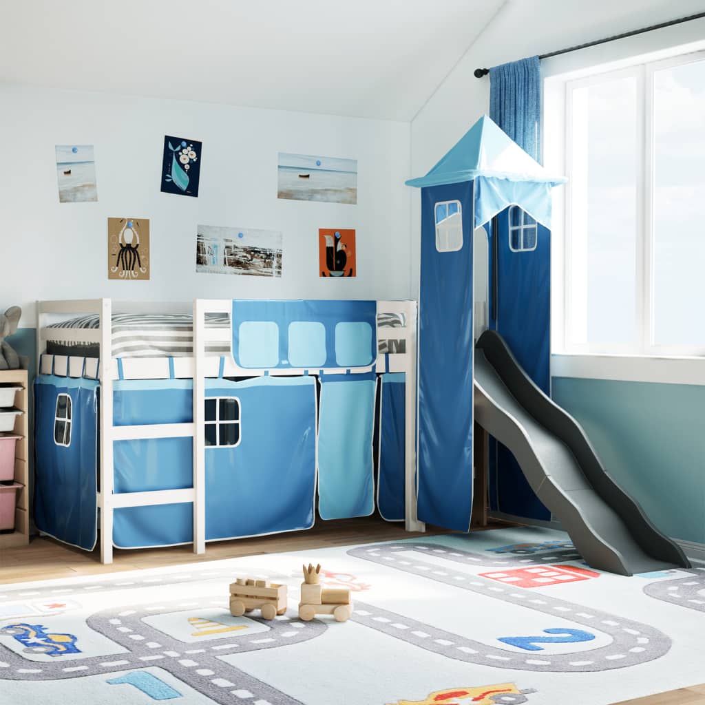 Kinderhochbett mit Turm Blau 80×200 cm Massivholz Kiefer