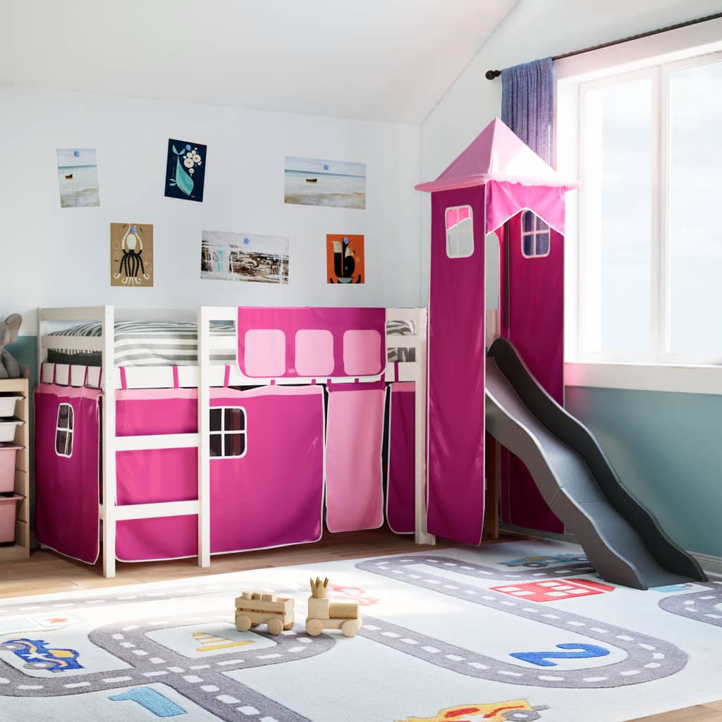 Kinderhochbett mit Turm Rosa 80×200 cm Massivholz Kiefer