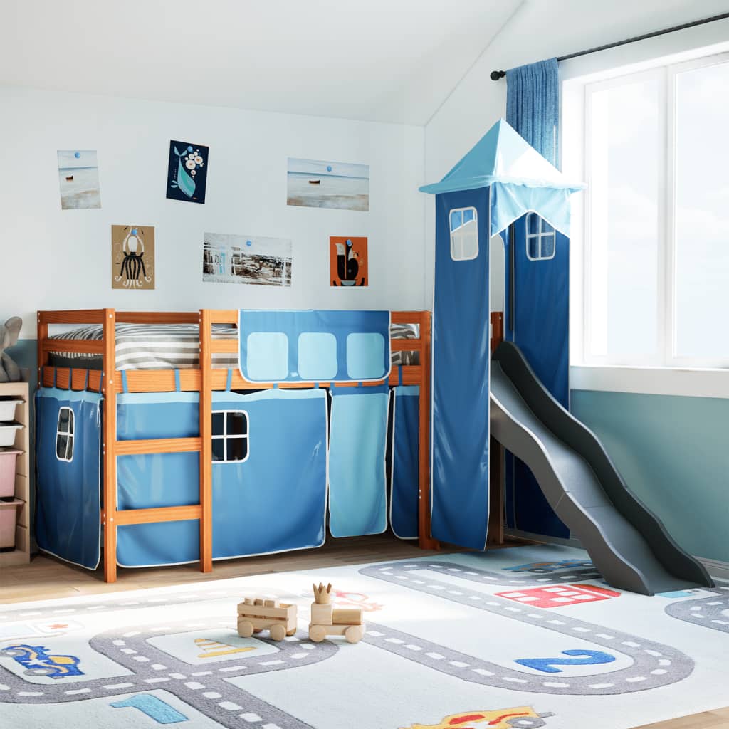 Kinderhochbett mit Turm Blau 80×200 cm Massivholz Kiefer