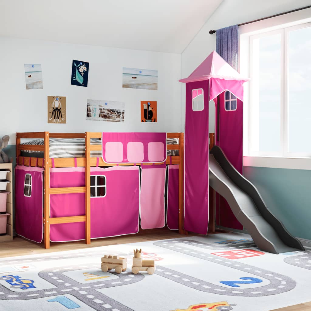 Kinderhochbett mit Turm Rosa 80×200 cm Massivholz Kiefer