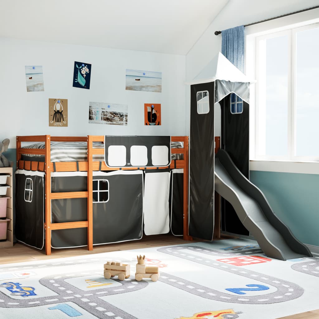 vidaXL Kinderhochbett mit Turm Weiß & Schwarz 90x200 cm Kiefernholz