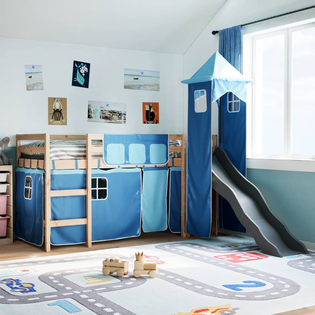 Kinderhochbett mit Turm Blau 90×190 cm Massivholz Kiefer