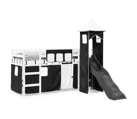 vidaXL Pat etajat de copii cu turn alb/negru 90x190 cm lemn masiv pin