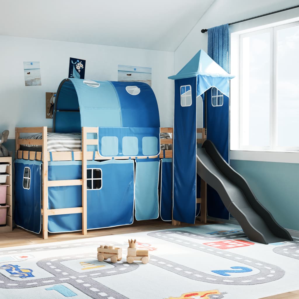 Kinderhochbett mit Turm Blau 80×200 cm Massivholz Kiefer