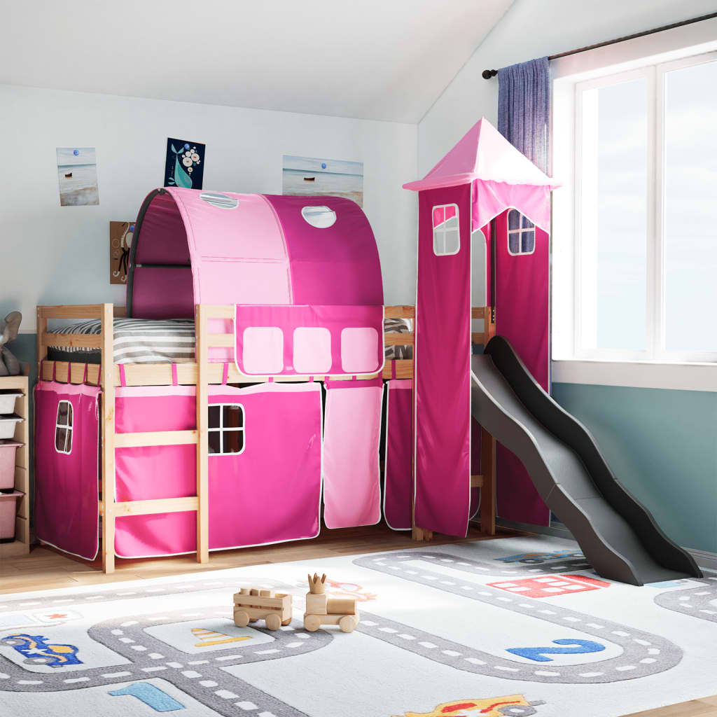 Kinderhochbett mit Turm Rosa 80×200 cm Massivholz Kiefer