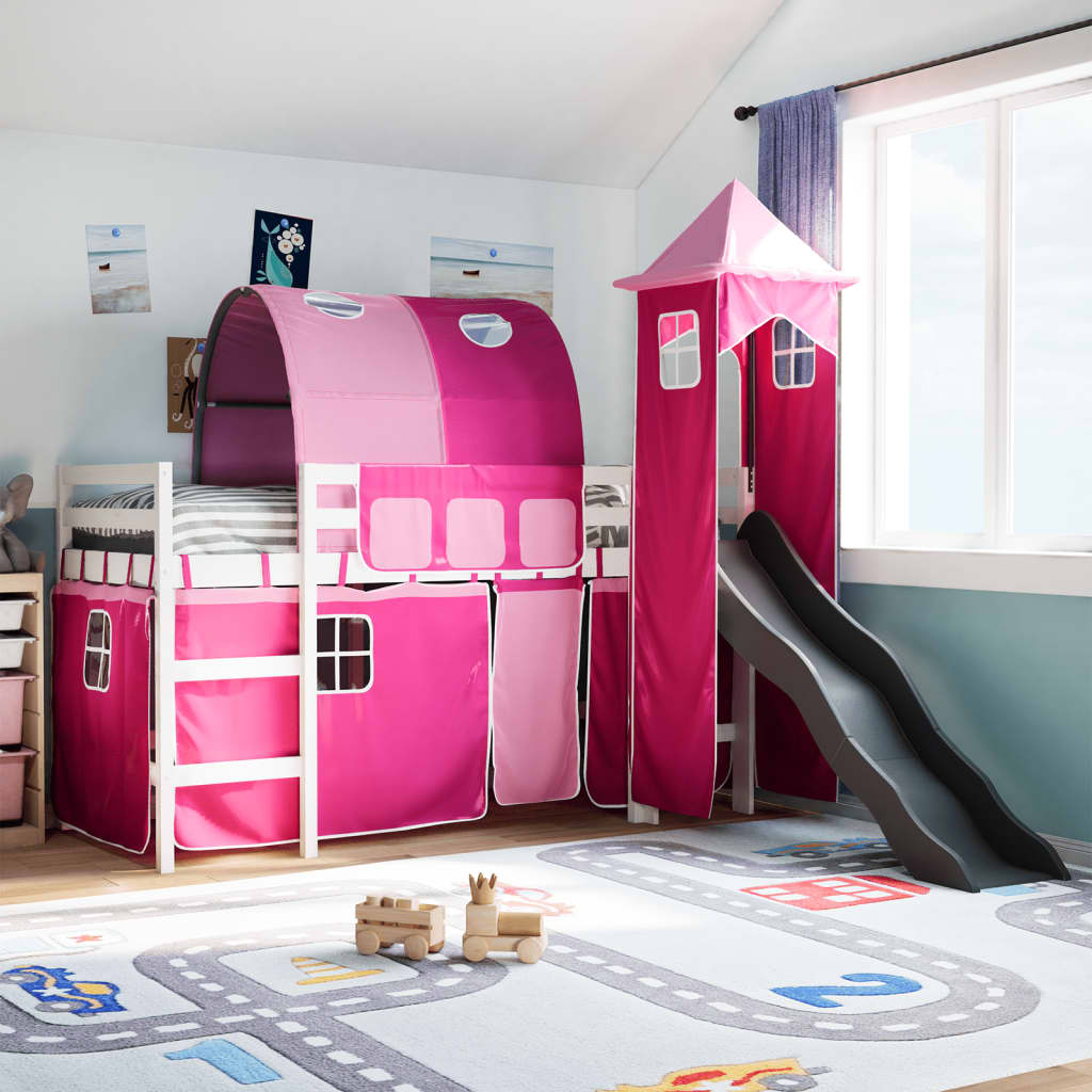 Kinderhochbett mit Turm Rosa 80×200 cm Massivholz Kiefer