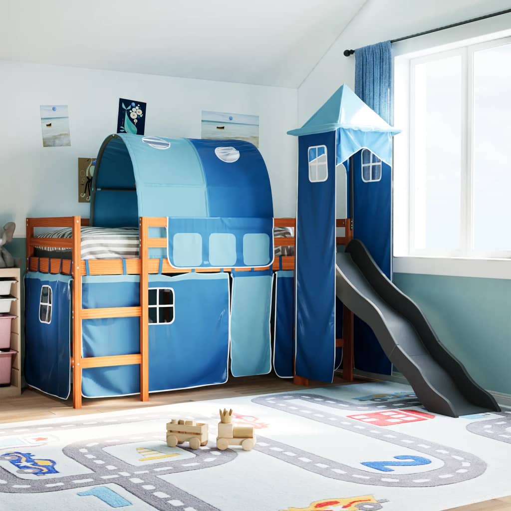 Kinderhochbett mit Turm Blau 80×200 cm Massivholz Kiefer