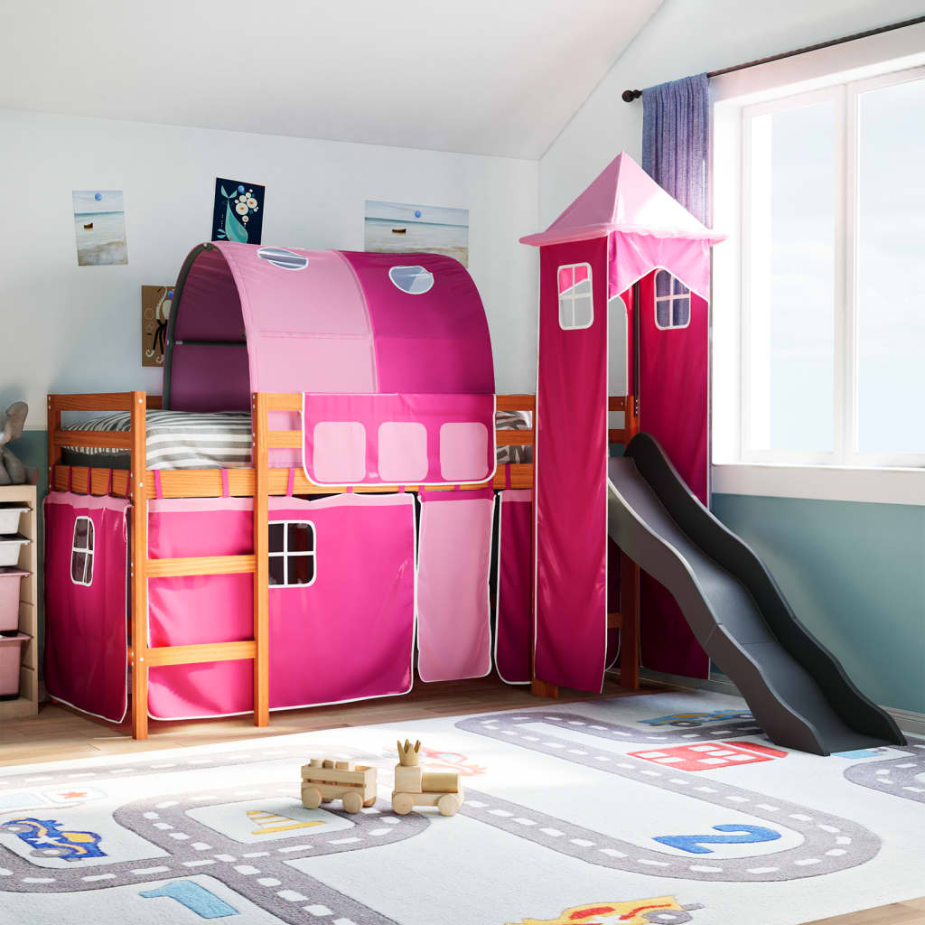 Kinderhochbett mit Turm Rosa 80×200 cm Massivholz Kiefer