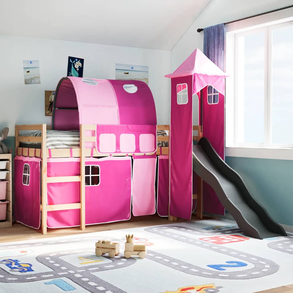 Kinderhochbett mit Turm Rosa 90×200 cm Massivholz Kiefer