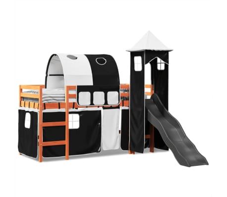 vidaXL Dětská patrová postel s věží bílá a černá 90 x 200 cm borovice