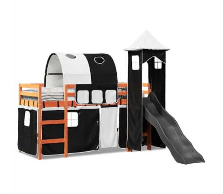 vidaXL feh&eacute;r-fekete t&ouml;m&ouml;r fenyő gyerek gal&eacute;ria&aacute;gy toronnyal 90x190 cm