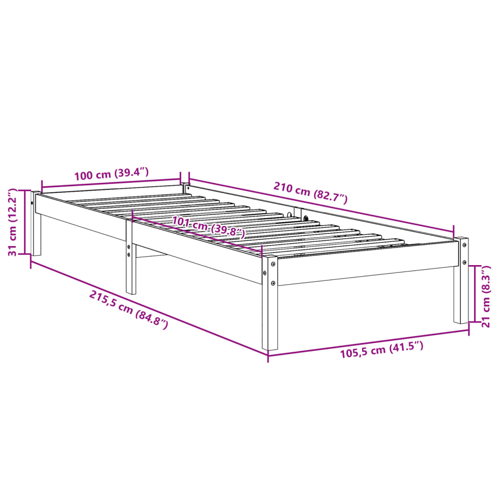 Dłuższe łóżko bez materaca, 100x210 cm, lite drewno sosnowe