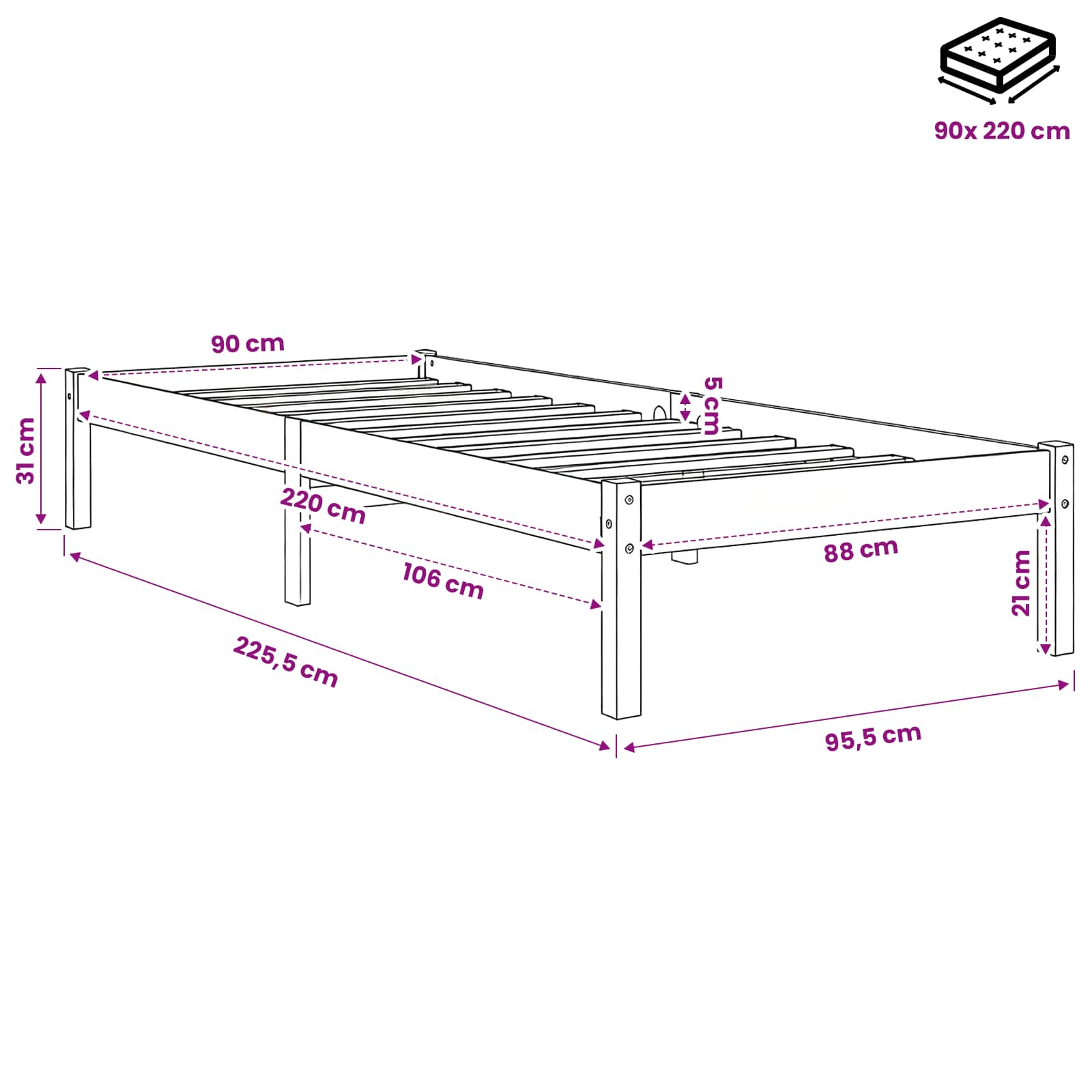 vidaXL Massivholzbett Extra Lang ohne Matratze 90x220 Kiefernholz – Bild 9