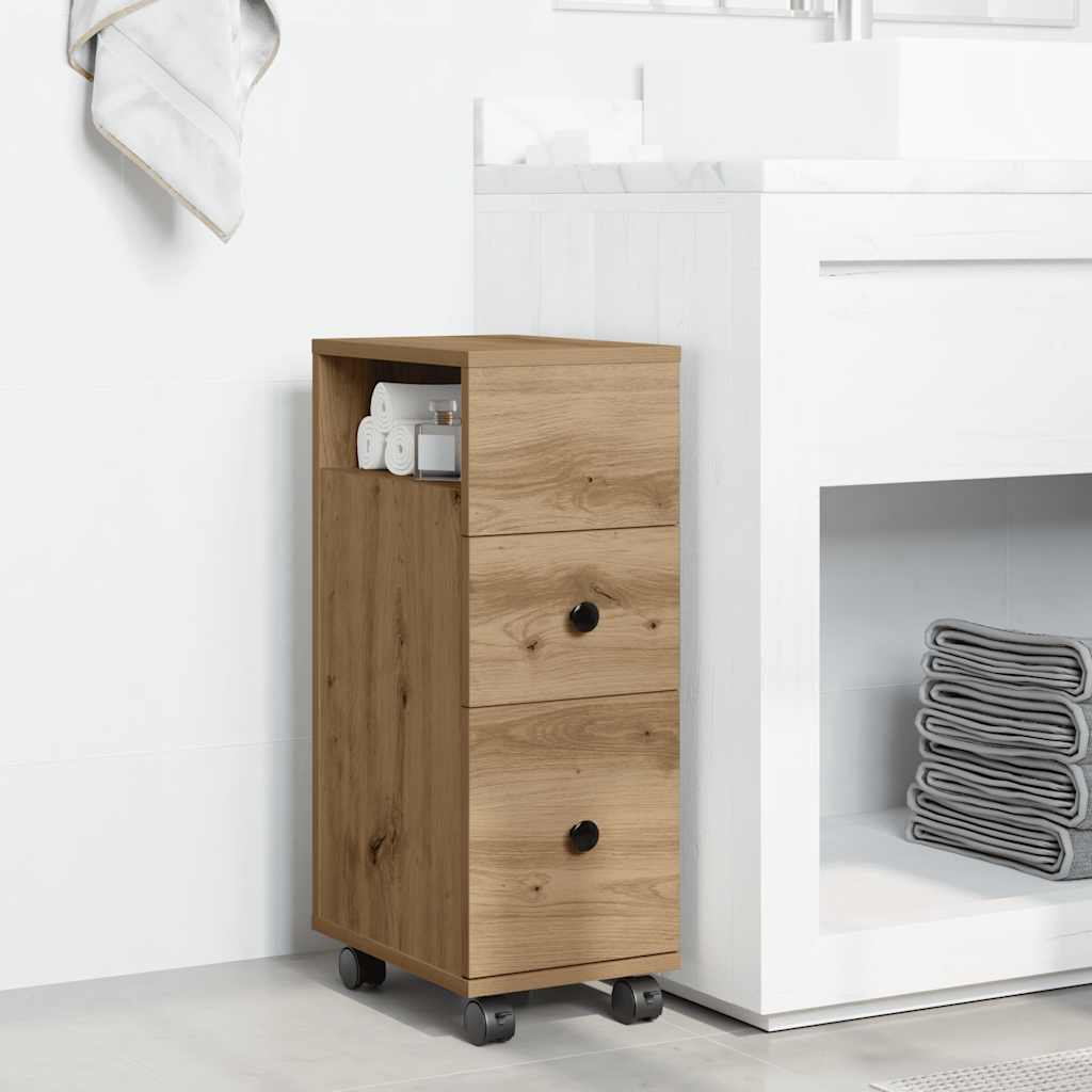 vidaXL Dulap de baie îngust cu roți, stejar artizanal, lemn prelucrat