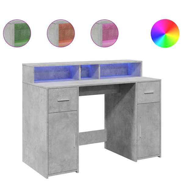 vidaXL kirjutuslaud LED-tuledega, betoonhall, 120x55x91 cm, tehispuit