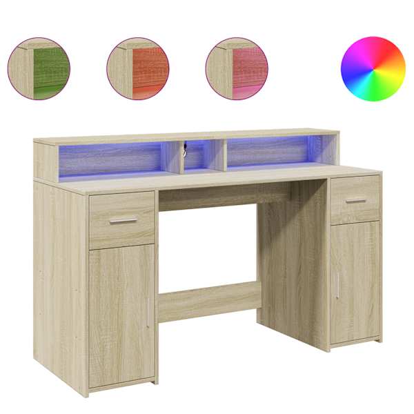 vidaXL kirjutuslaud LED-tuledega, Sonoma tamm, 140x55x91 cm, tehispuit