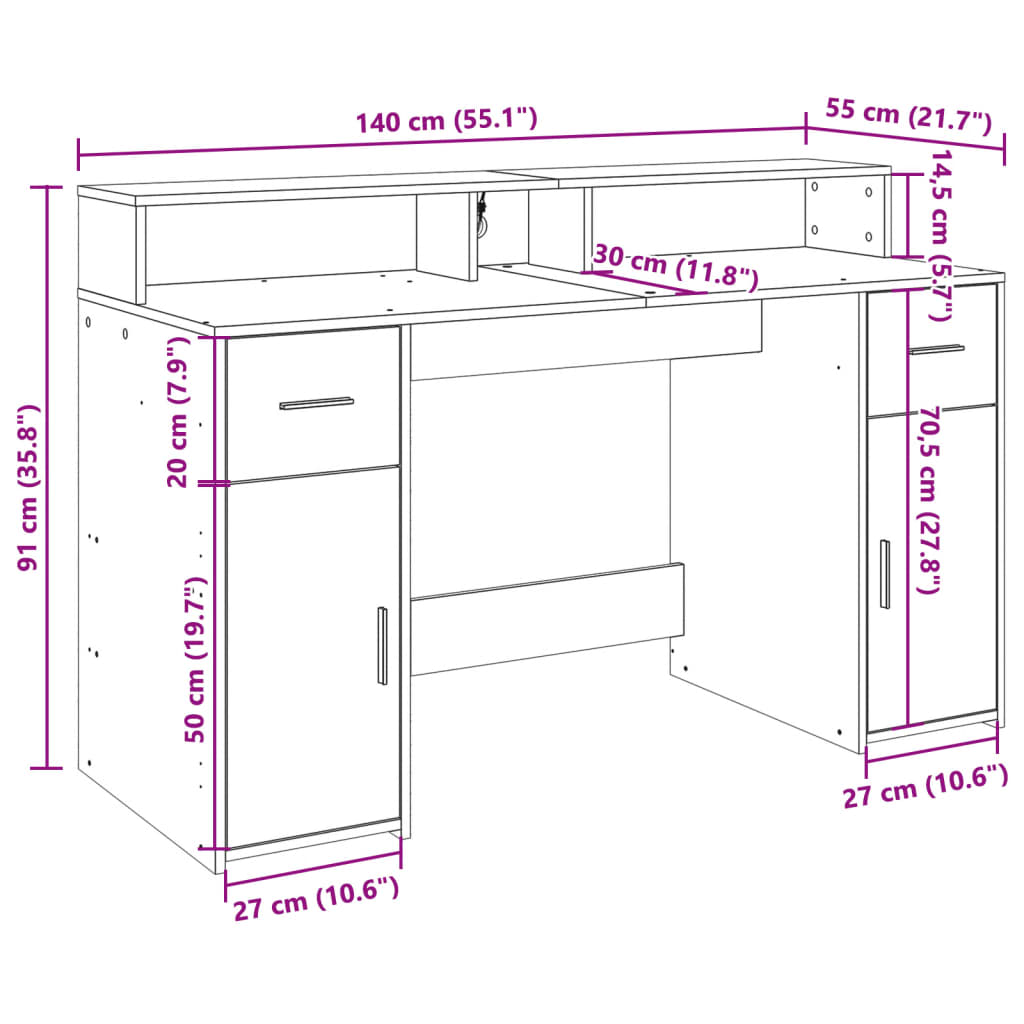 Pisalna miza z LED lučkami starinski les 140x55x91 cm inž. les