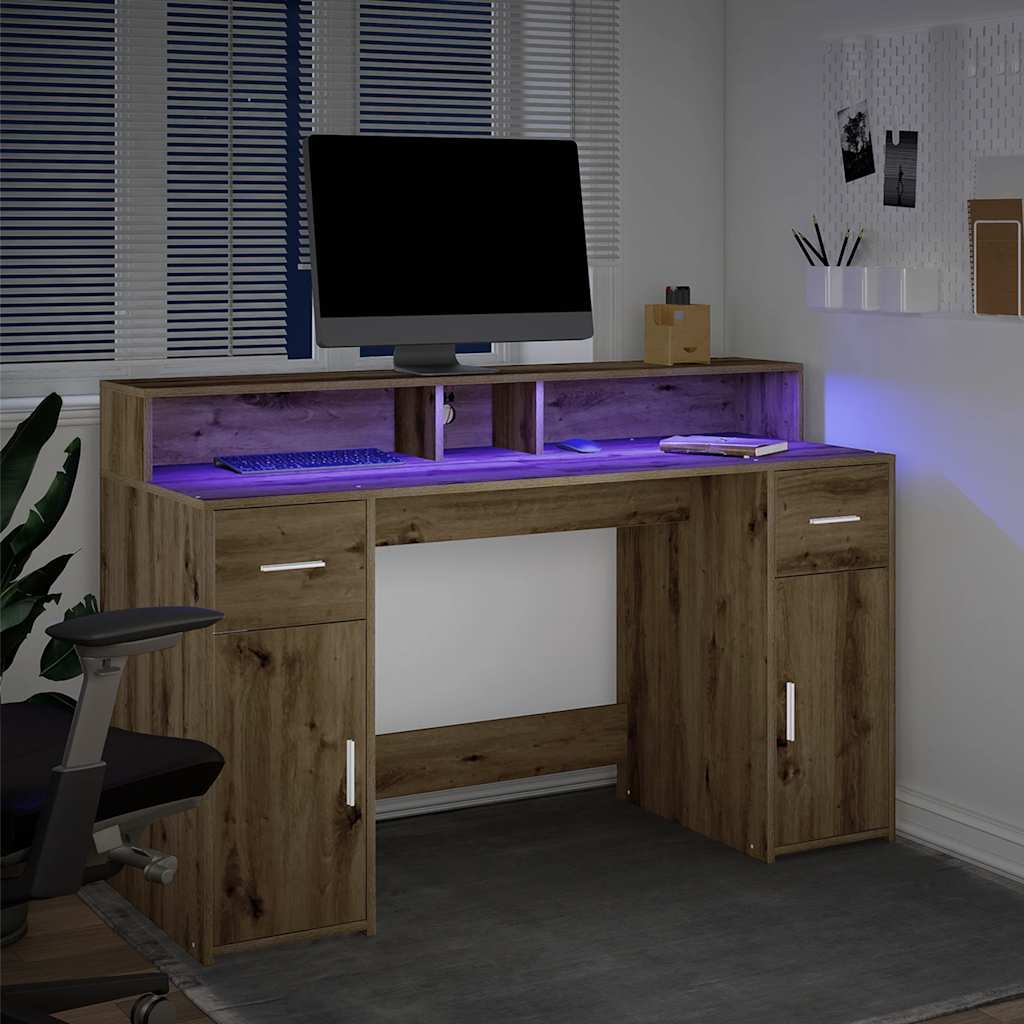 vidaXL Työpöytä LED-valoilla artesaani tammi 140x55x91 cm tekninen puu