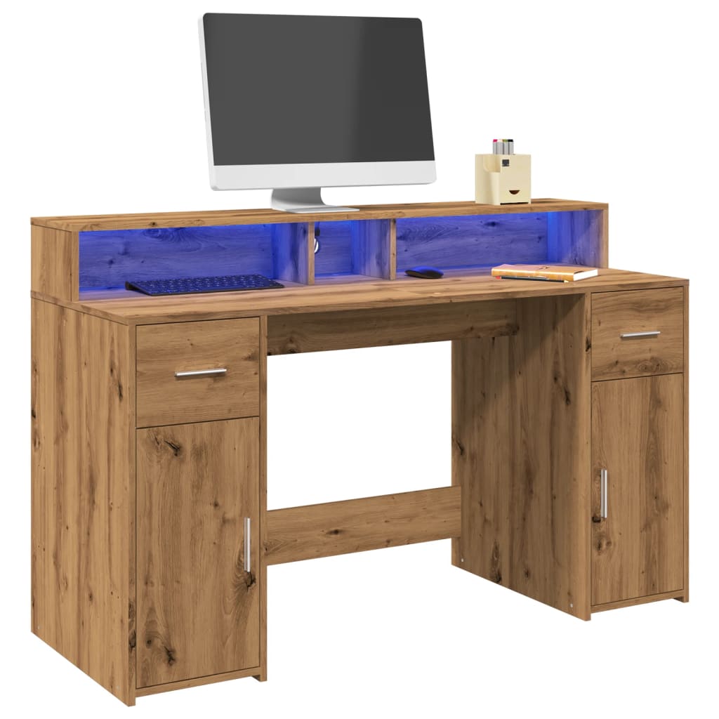vidaXL Birou cu lumini LED stejar artizanal 140x55x91cm lemn prelucrat