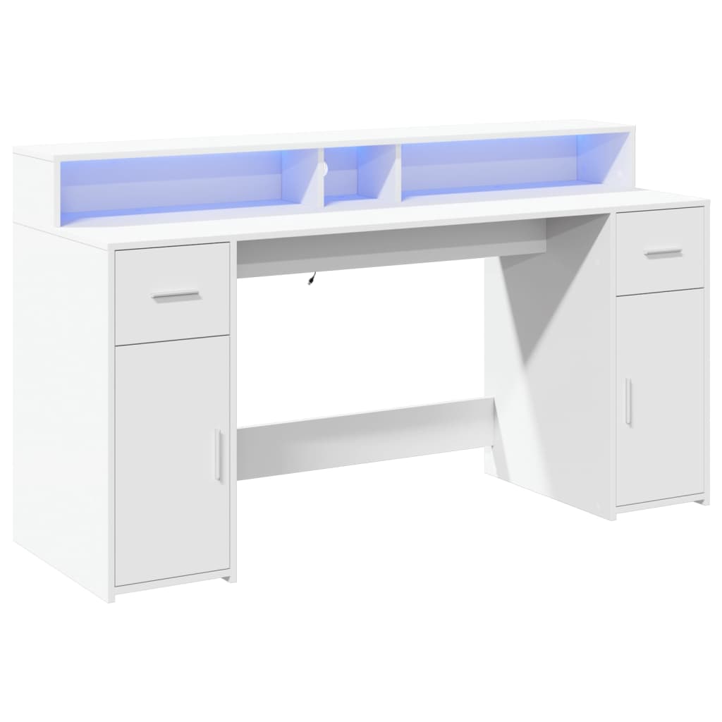 vidaXL fehér szerelt fa íróasztal LED-világítással 160 x 55 x 91 cm