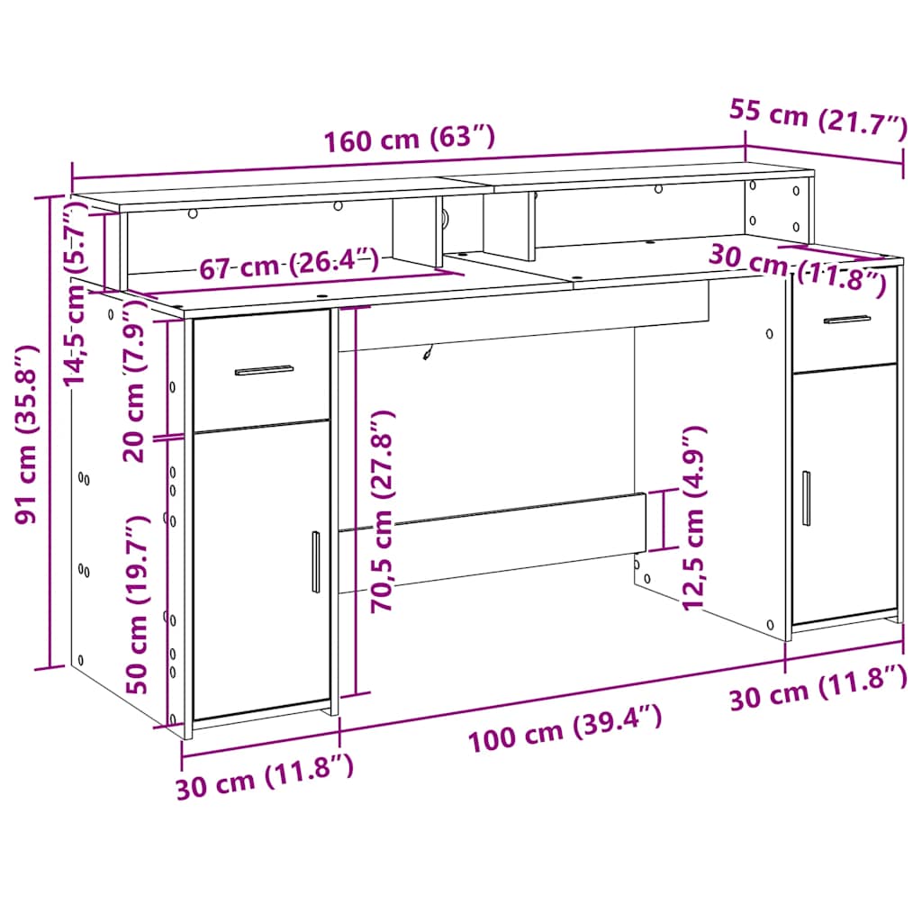 Pisalna miza z LED lučkami betonsko siva 160x55x91 cm inž. les