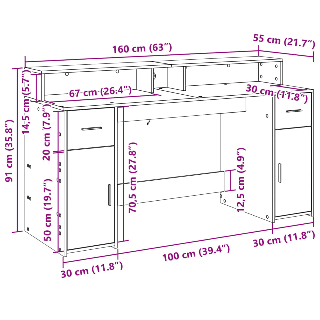 Pisalna miza z LED lučkami rjavi hrast 160x55x91 cm inž. les