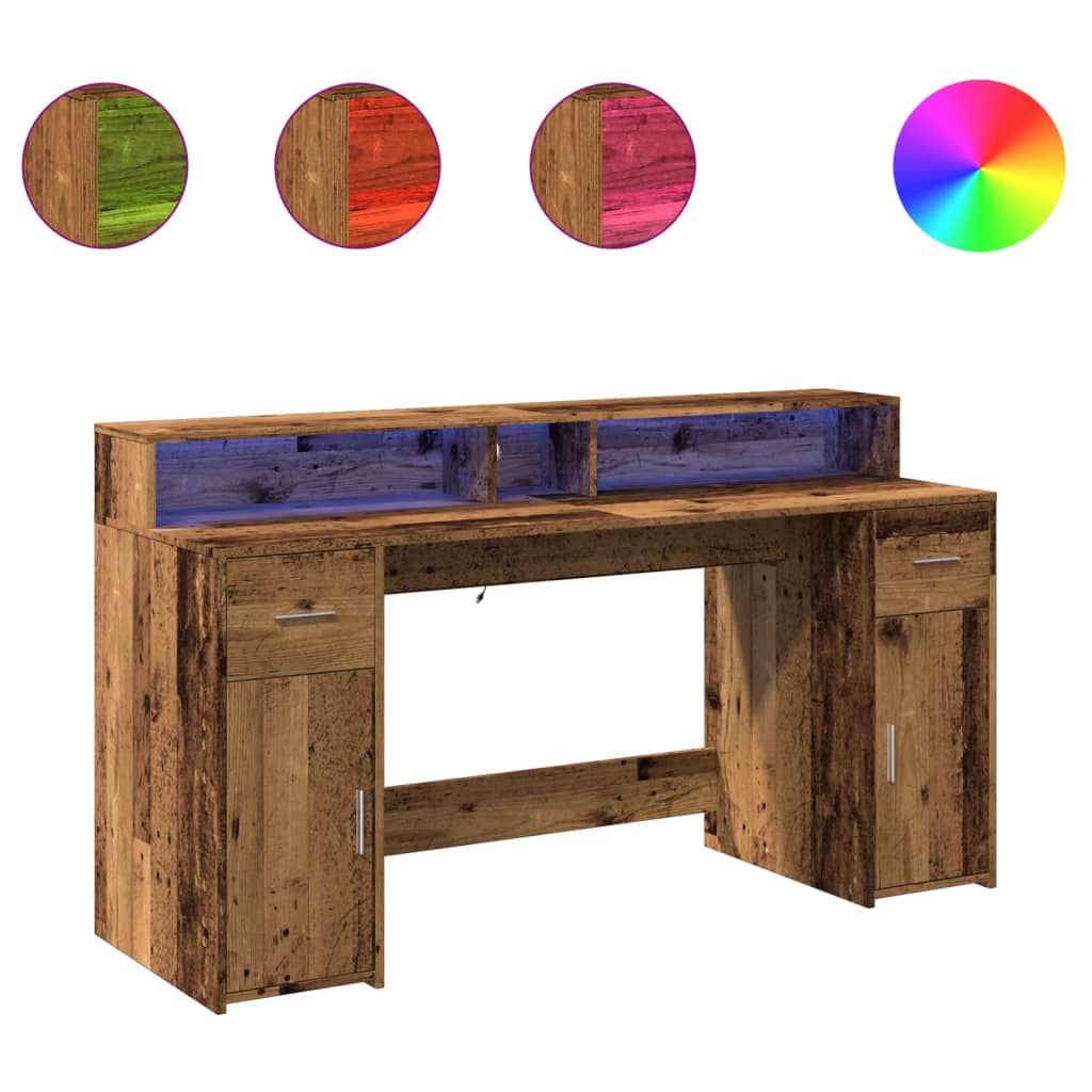 vidaXL Psací stůl s LED světly old wood 160x55x91 cm kompozitní dřevo