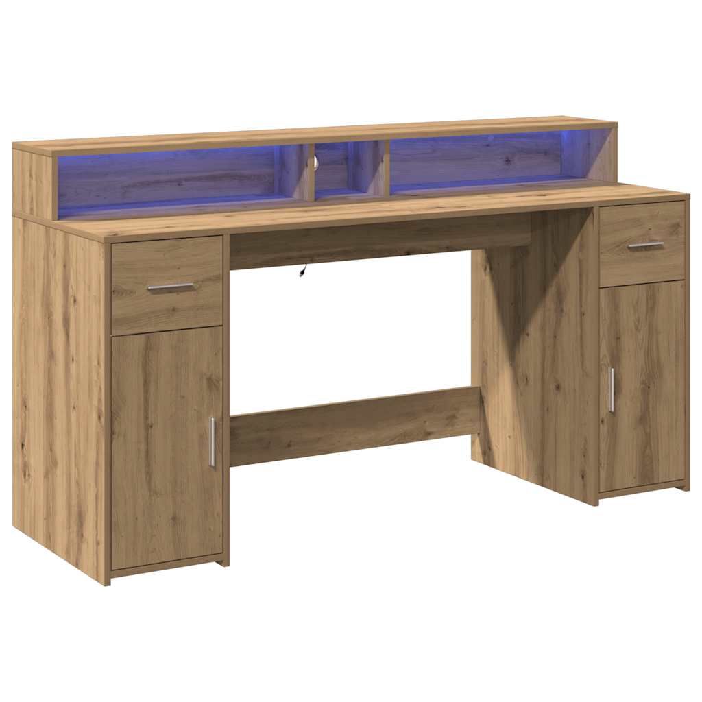 vidaXL kézműves tölgy színű szerelt fa LED-es íróasztal 160x55x91 cm