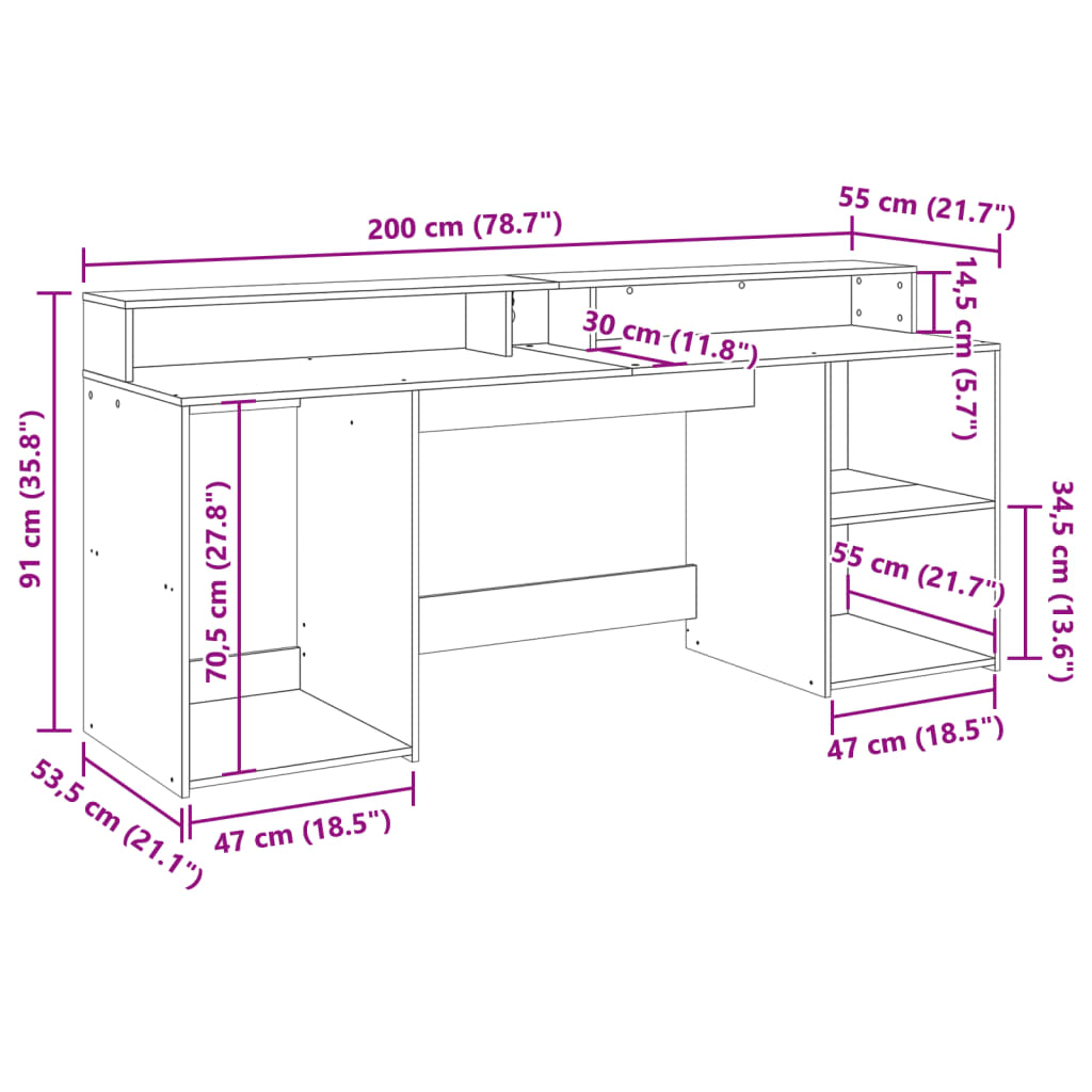 Pisalna miza z LED lučkami rjavi hrast 200x55x91 cm inž. les - slika 13