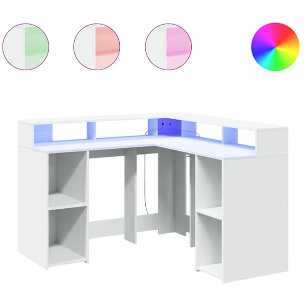 vidaXL kirjutuslaud LED-tuledega, valge, 130 x 130 x 91 cm, tehispuit