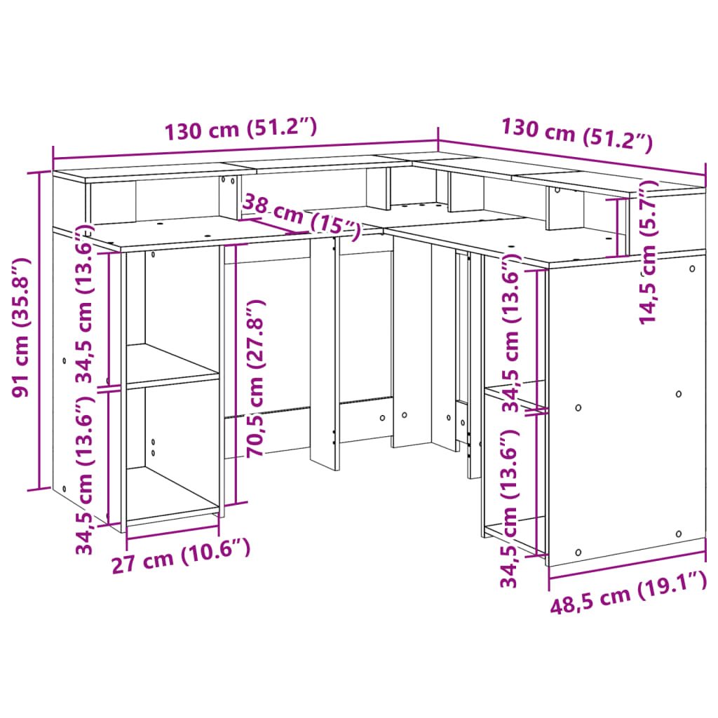 rakstāmgalds, LED, 130x130x91 cm, konstruēts koks, melns