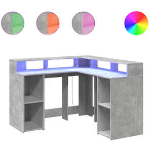vidaXL kirjutuslaud LED-tuledega, betoonhall, 130x130x91 cm, tehispuit