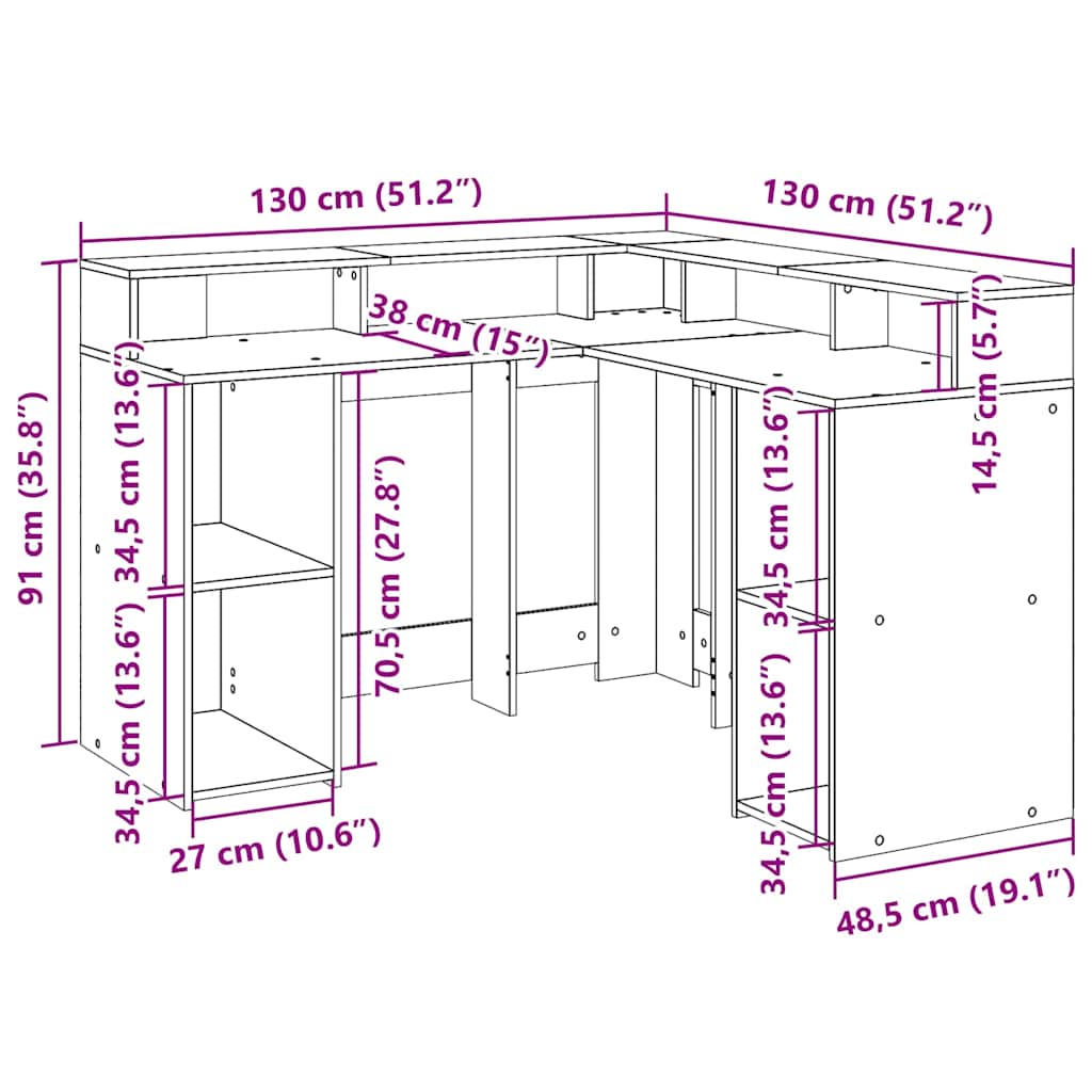 Pisalna miza z LED lučkami rjavi hrast 130x130x91 cm inž. les - slika 13