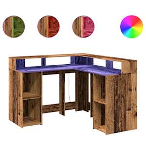 vidaXL kirjutuslaud LED-tuledega, vana puit, 130x130x91 cm, tehispuit