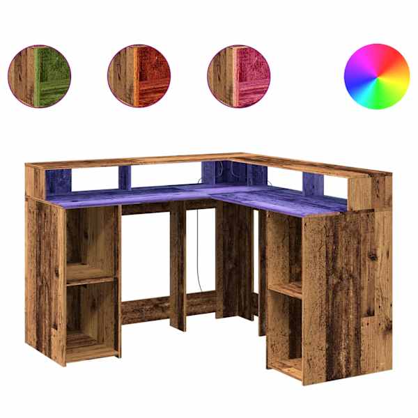 vidaXL kirjutuslaud LED-tuledega, vana puit, 130x130x91 cm, tehispuit