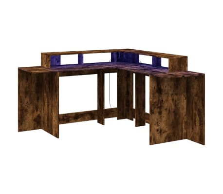 vidaXL Birou cu lumini LED stejar fumuriu 152x152x91 cm lemn prelucrat