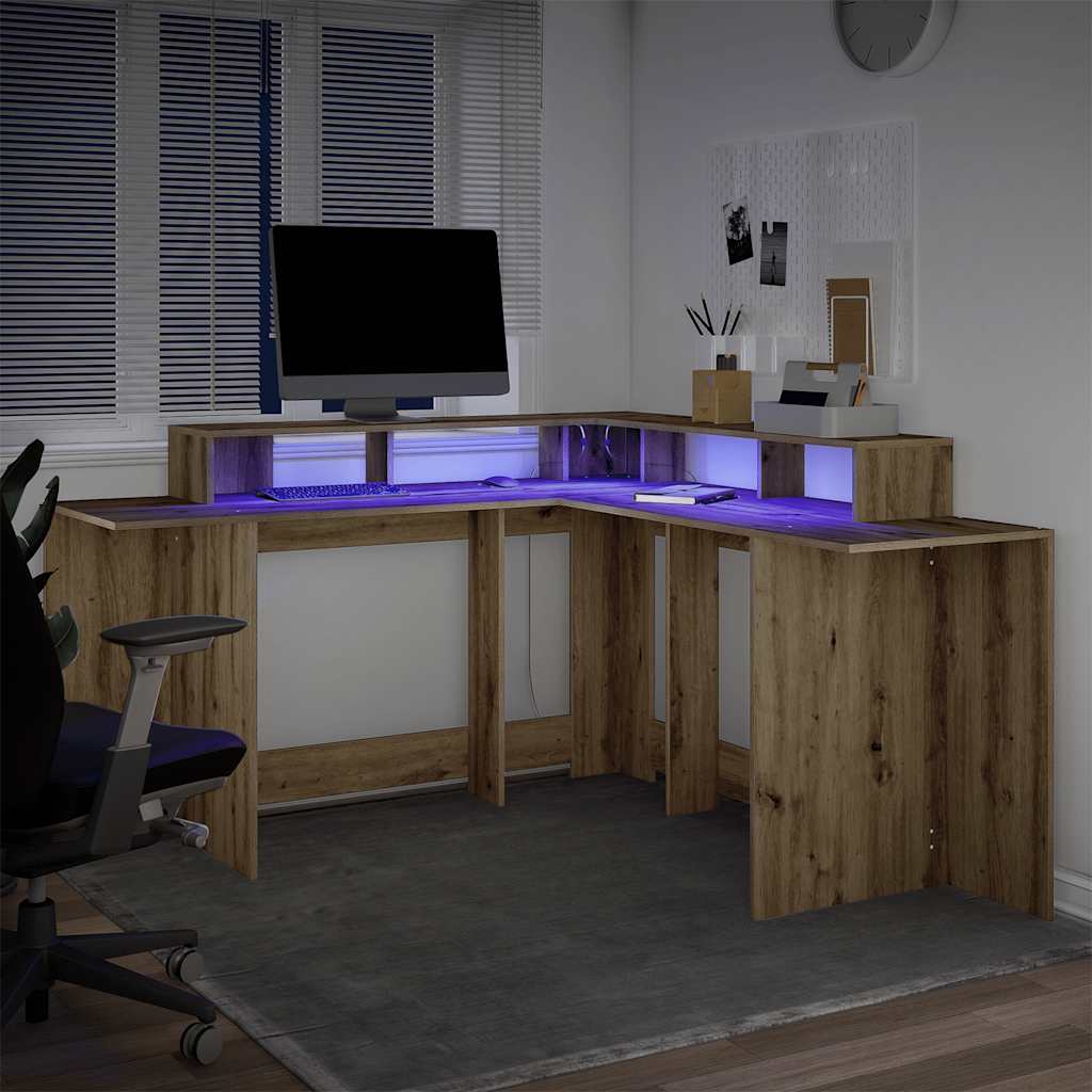 Thumbnail - vidaXL LED-Schreibtisch Artisan-Eiche 152x152x91 Holzwerkstoff