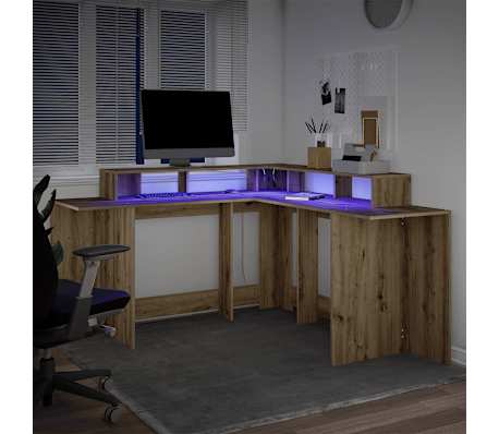 vidaXL Radni stol s LED svjetlima boja hrasta 152x152x91 cm drveni