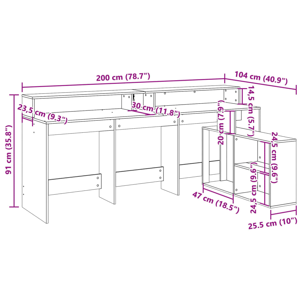 Pisalna miza z LED lučkami rjavi hrast 200x104x91 cm inž. les