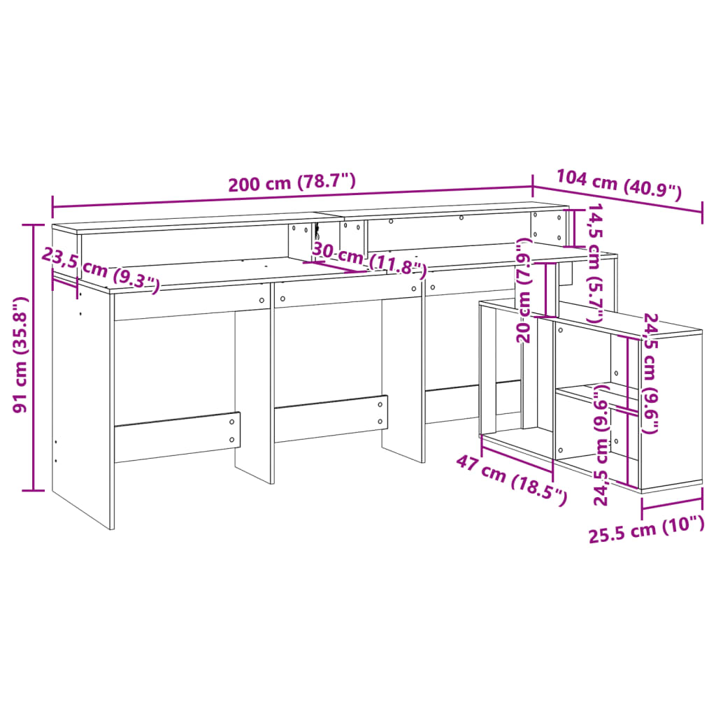 Pisalna miza z LED lučkami starinski les 200x104x91 cm inž. les