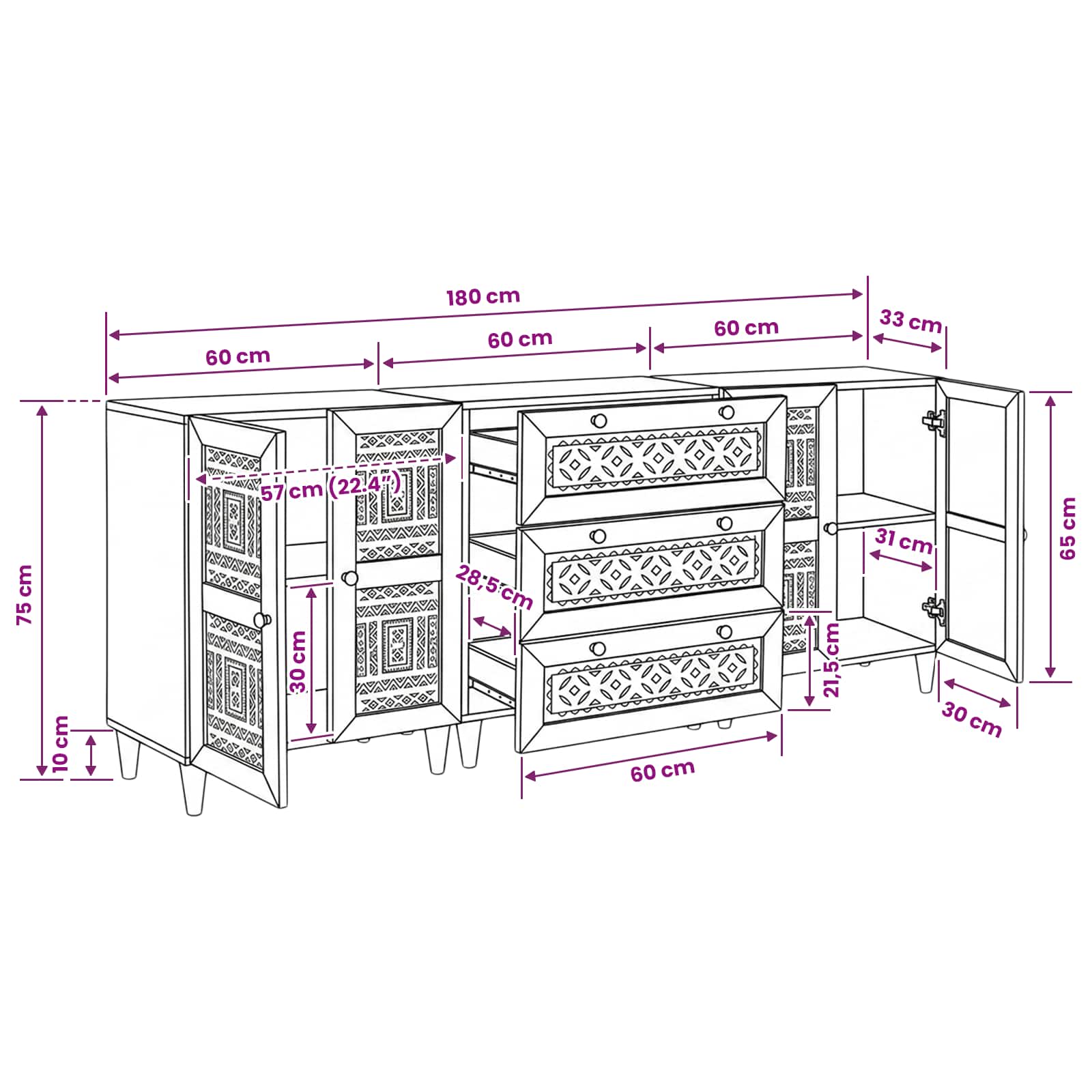 Dressoir 3 st 180 x 33,5 x 75 cm massief mangohout Bruin image 12