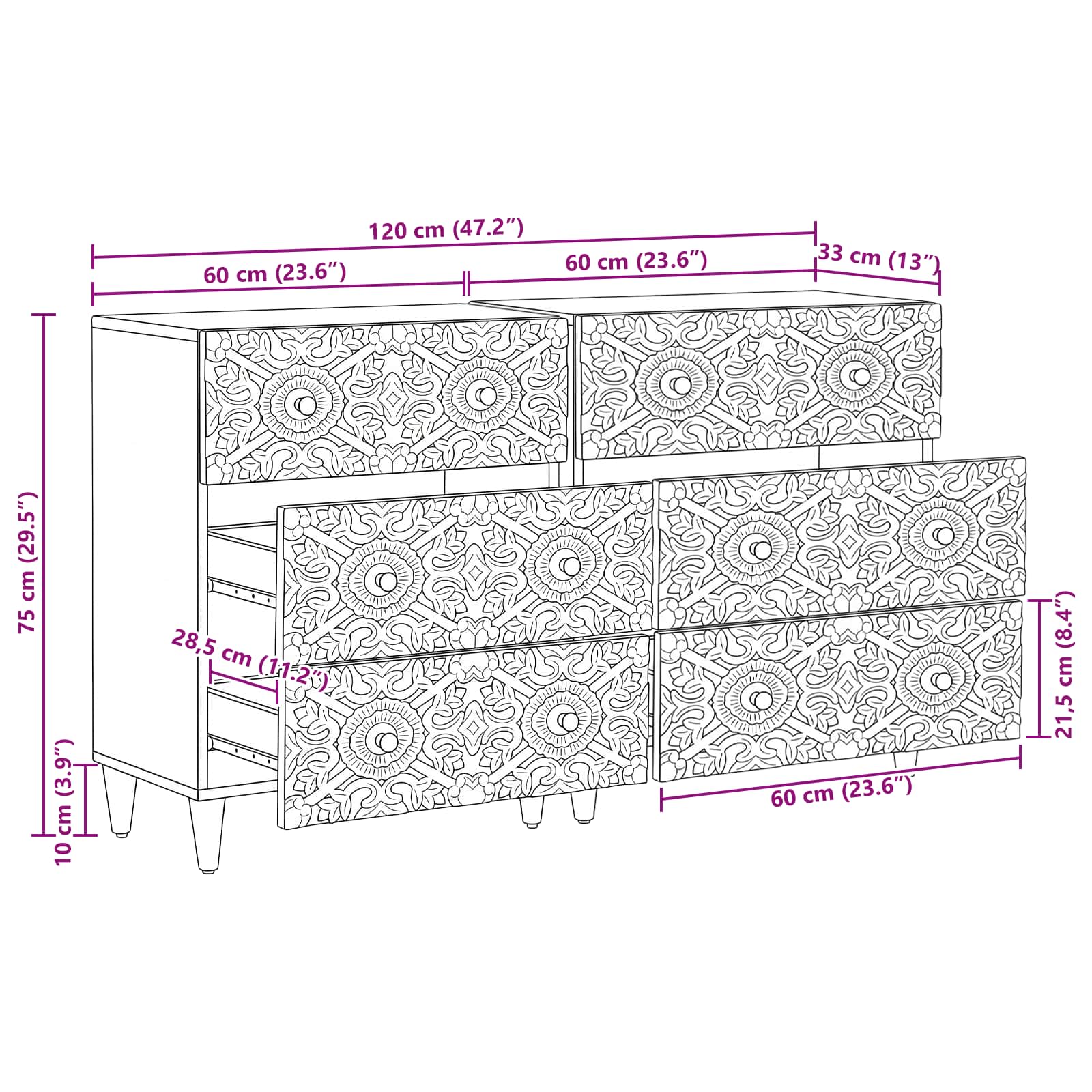 Dressoir 2 pcs Bruin 60 x 33,5 x 75 cm Massief Mango Hout image 12