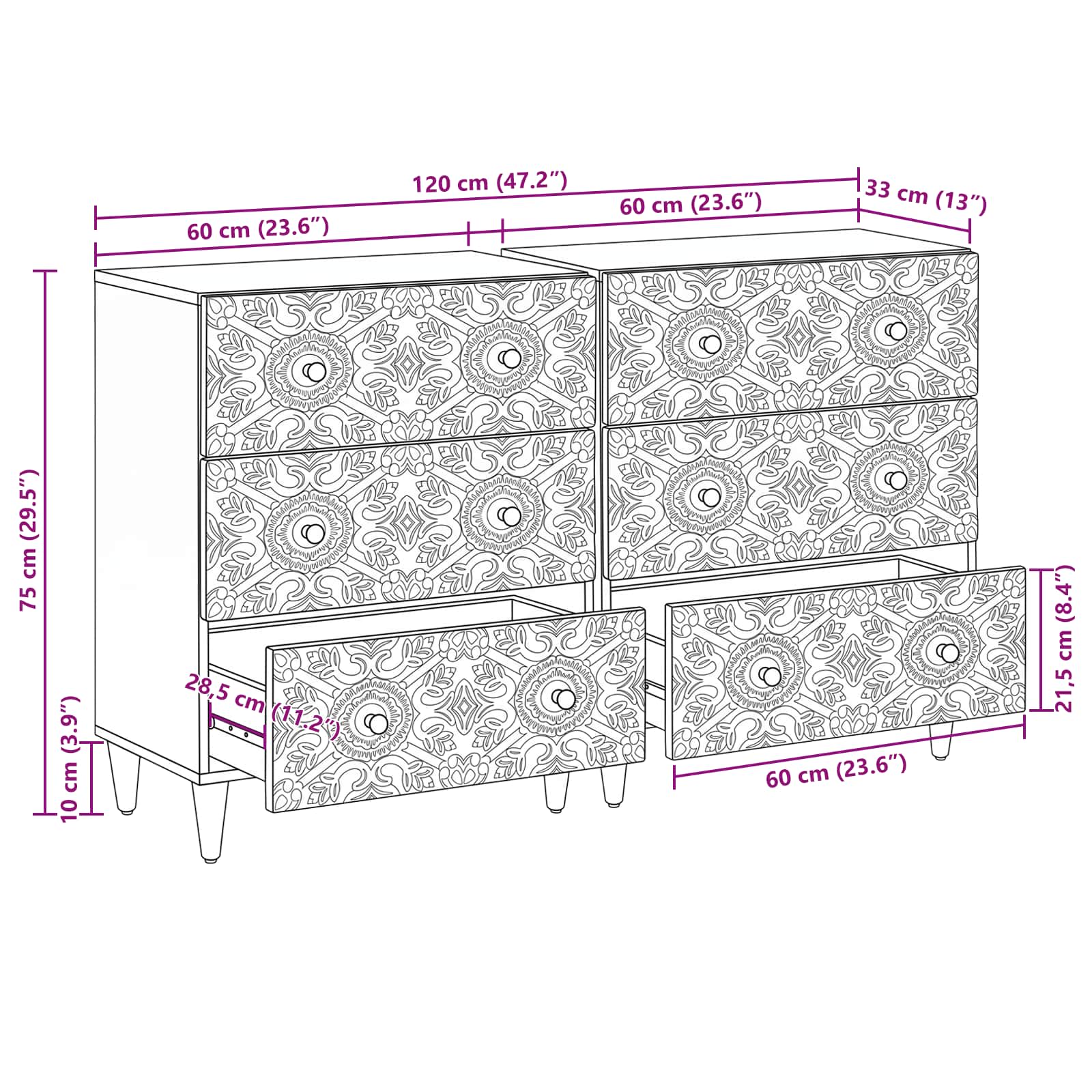 Dressoir 2 pcs Wit 60 x 33,5 x 75 cm Massief Mango Hout image 12