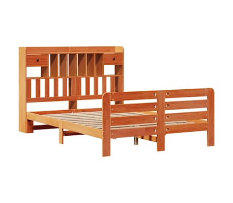vidaXL Seng med bokhylle uten madrass voksbrun 140x200 cm heltre furu